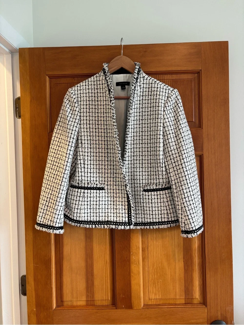 Ann Taylor Black and White Tweed Fringe-Trim Open Blazer